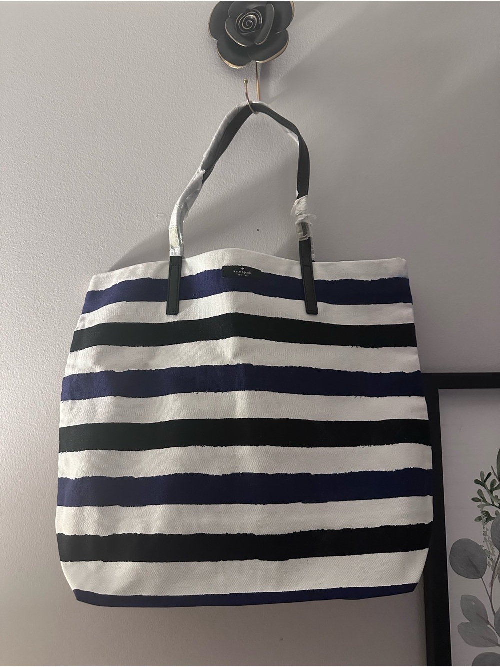 Kate Spade Striped Canvas Tote Bag in White, Black and Navy